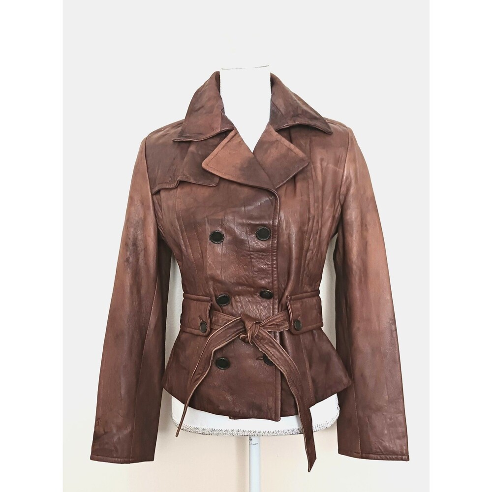 VTG 90s Y2K Kircilar Brown Lambskin Leather Short Belted Jacket Brass Buttons